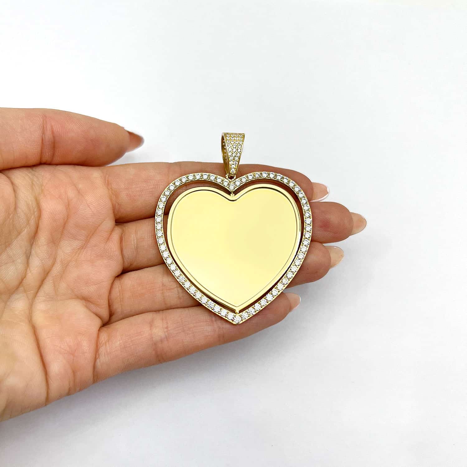 14K Yellow Gold CZ Frame Two-Sided Rotating Heart Picture Pendant
