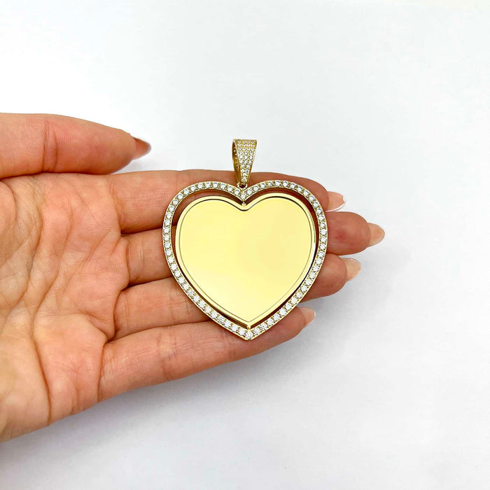 14K Yellow Gold CZ Frame Two - Sided Rotating Heart Picture Pendant - WJD Exclusives