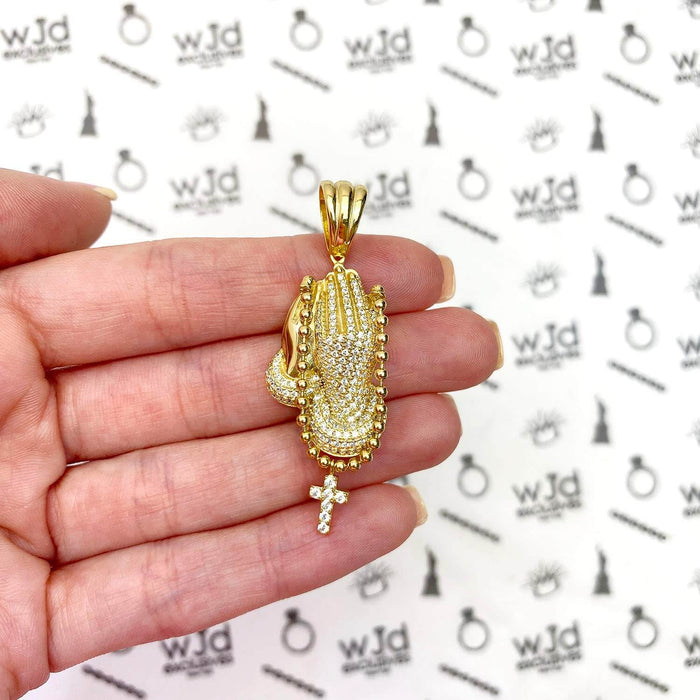 14k Gold Over Sterling Silver CZ Praying Hand Cross Pendant 1.57"