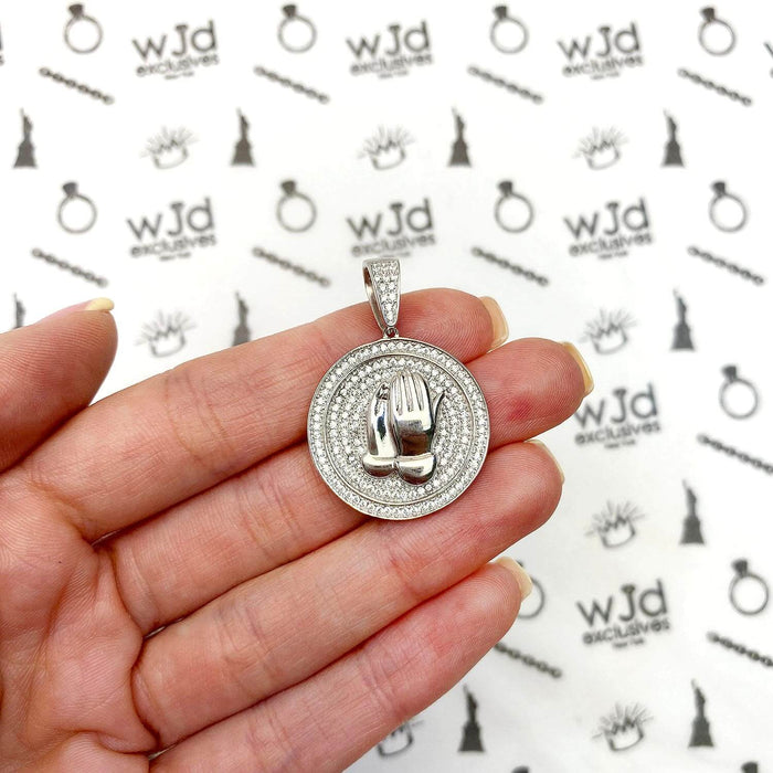 14k Gold Over Silver CZ Praying Hands Medallion Pendant 1.38"
