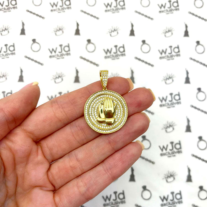 14k Gold Over Silver CZ Praying Hands Medallion Pendant 1.38"