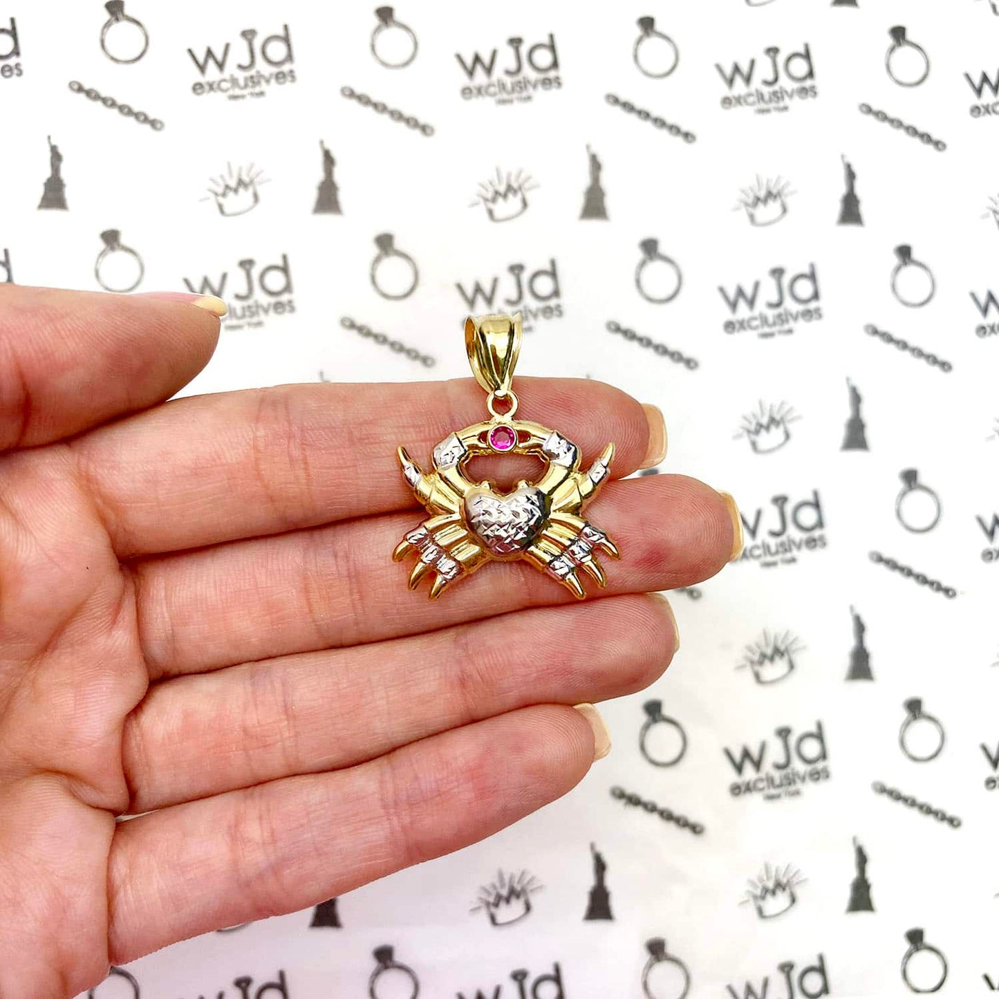 10K Yellow Gold Red Ruby Heart Shaped Crab Pendant 1.18"