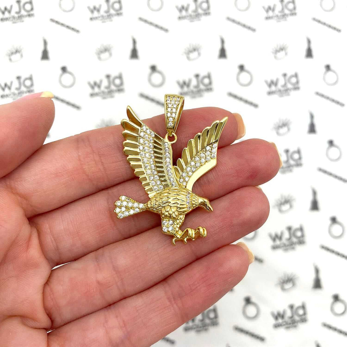 14k Yellow White Gold Over Silver White Zirconia Open Wings Eagle Pendant 1.57"
