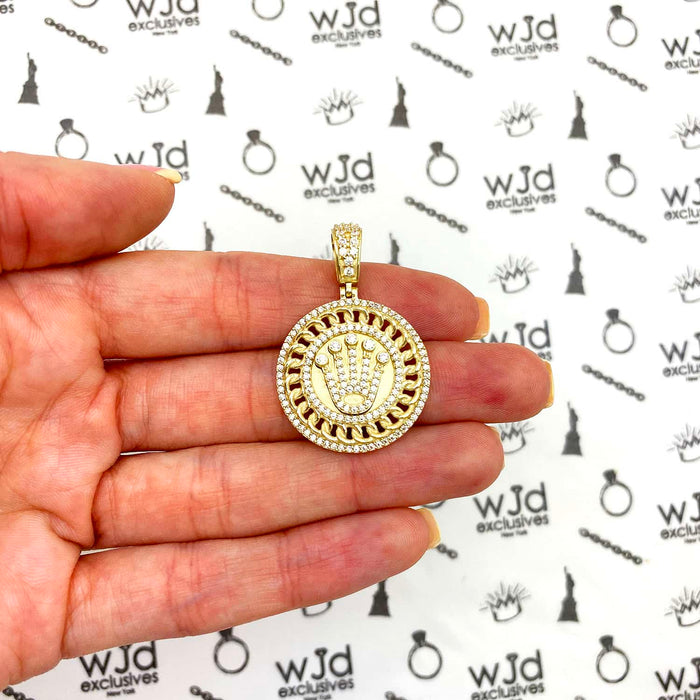 14K Yellow Gold CZ Crown Round Medallion Pendant 1.46"