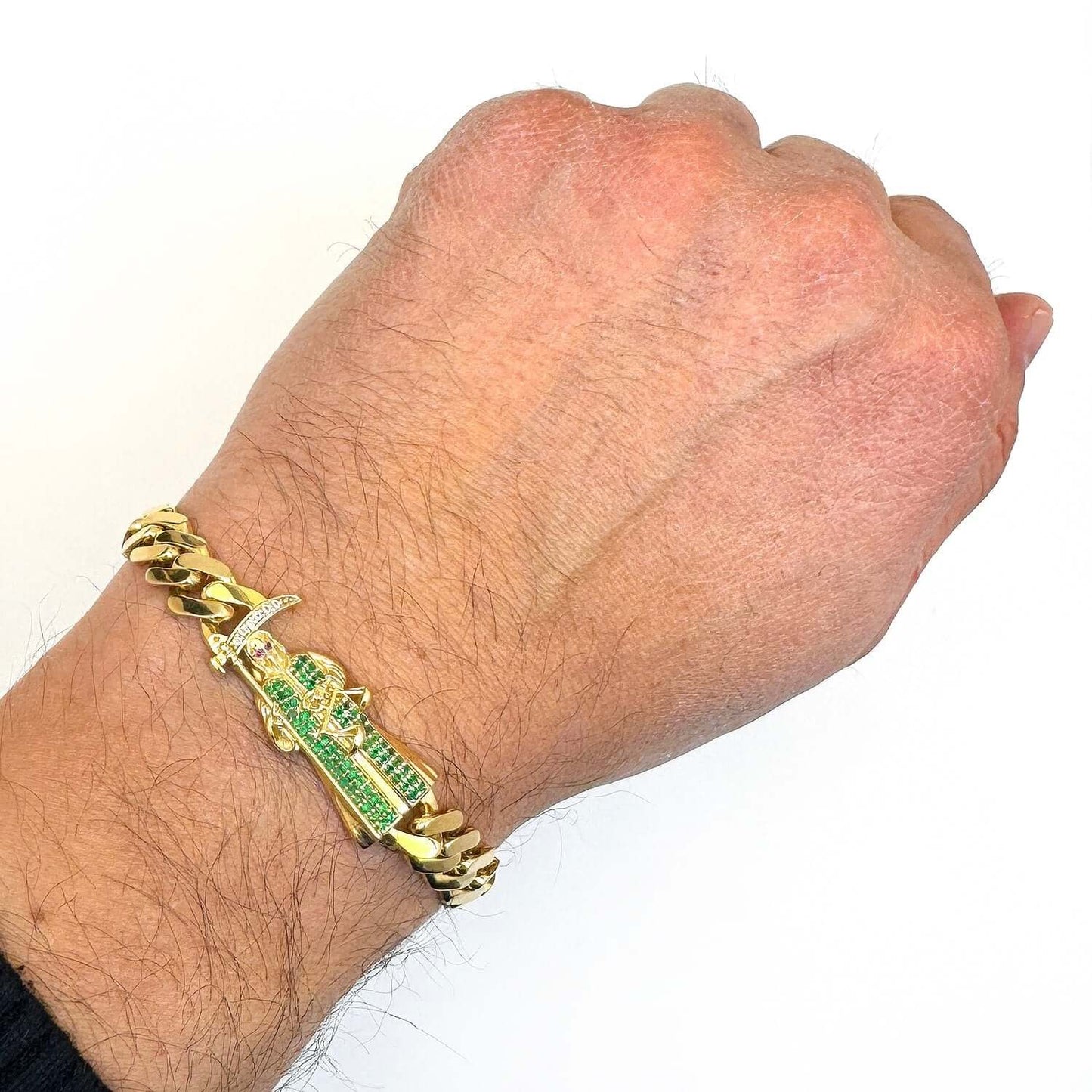 Solid 14K Real Gold Yellow CZ Santa Muerte Miami Cuban Bracelet 8"