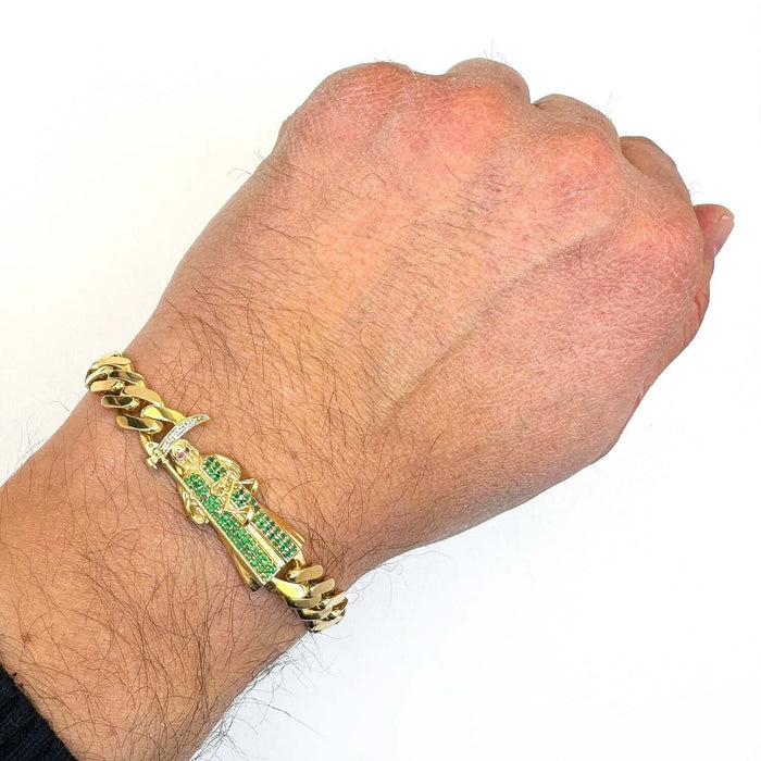 14K Yellow Gold CZ Santa Muerte Miami Cuban Bracelet (Solid Links) 8" - WJD Exclusives