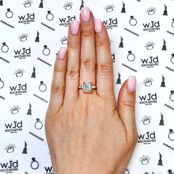 3.3CTW 3-Stone Radiant Baguette CZ 14K Yellow Gold Engagement Ring