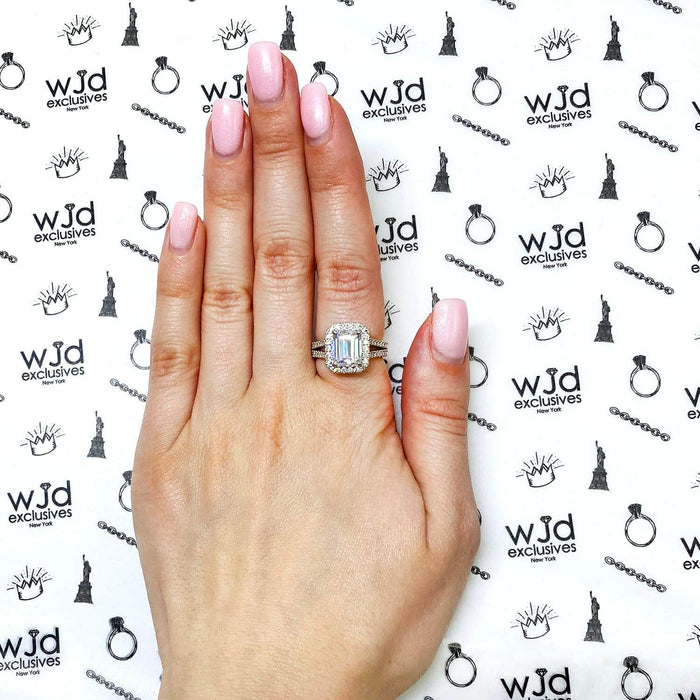 4CTW CZ Emerald-Cut Split Halo 14K Gold White Engagement Ring