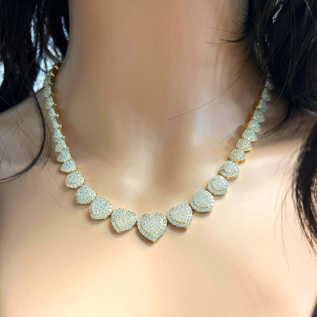 14K Yellow Gold CZ Graduated Heart Cluster Tennis Necklace 18" - WJD Exclusives