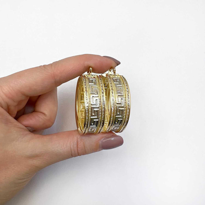 14K Gold CZ Channel - Set All Around Greek Key Hoop Earrings - WJD Exclusives