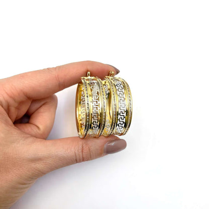 14K Gold CZ Channel-Set All Around Greek Key Hoop Earrings
