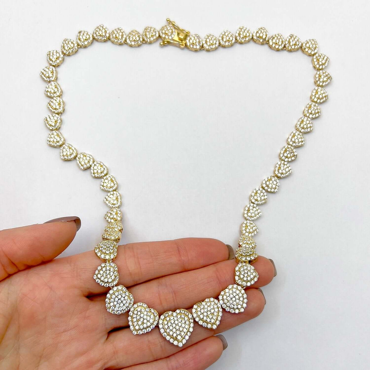 14K Yellow Gold CZ Graduated Heart Cluster Tennis Necklace 18" - WJD Exclusives