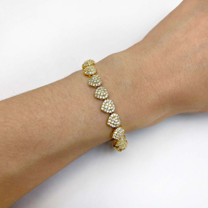 14K Yellow Gold CZ Heart Cluster Tennis Bracelet 6.75" - WJD Exclusives