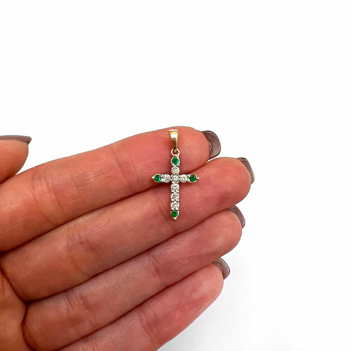.22CTW Natural Diamond Emerald 10K Gold Yellow White Cross Pendant 0.8" - WJD Exclusives