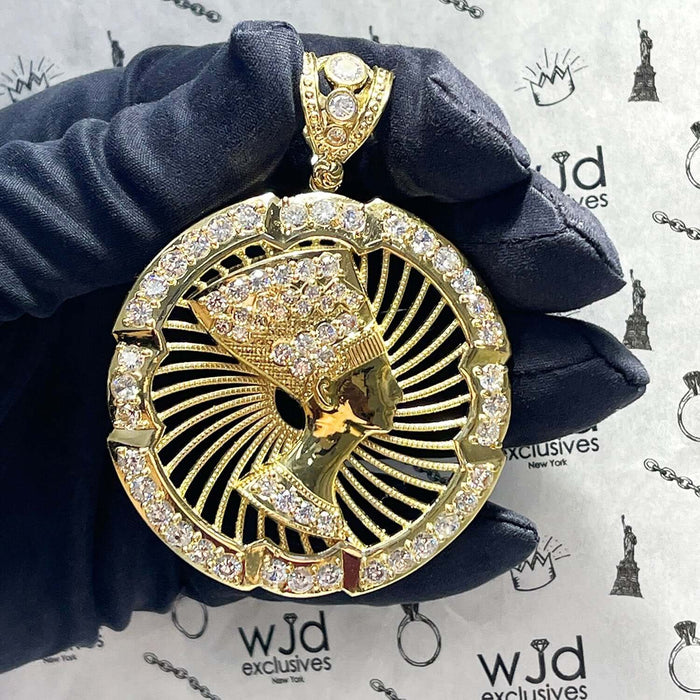 10K Yellow Gold CZ Egyptian Queen Nefertiti Medallion Pendant 3"