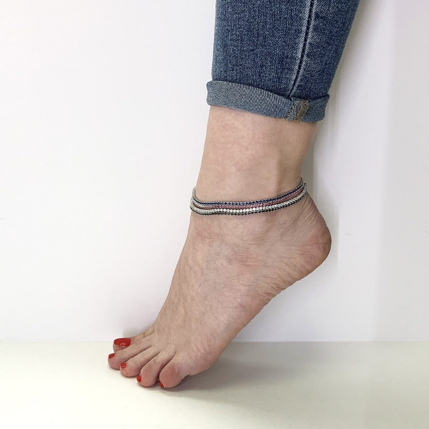 925 Silver CZ Red White Black Blue Tennis Anklet Bracelet 9"-10"