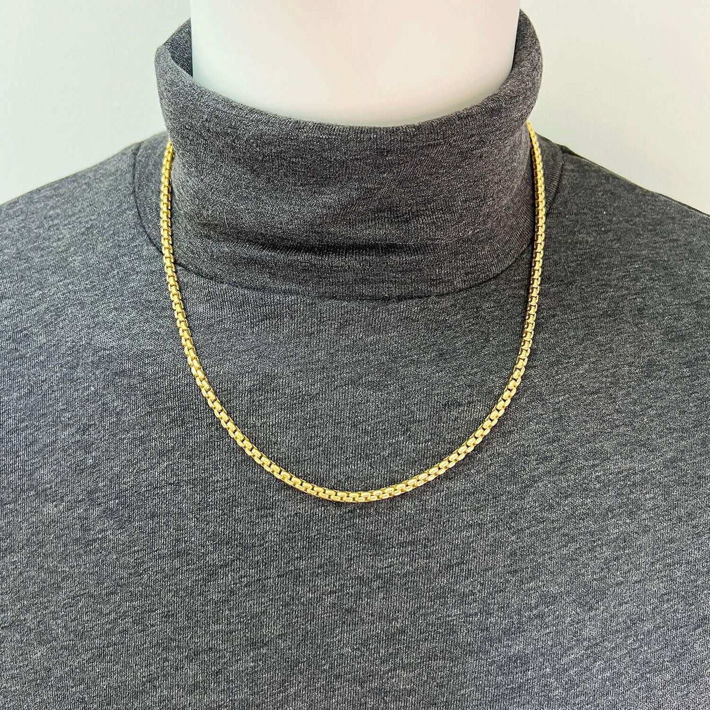 18K Yellow Gold Over Silver 3.7mm Solid Round Box Chain 18"-24"