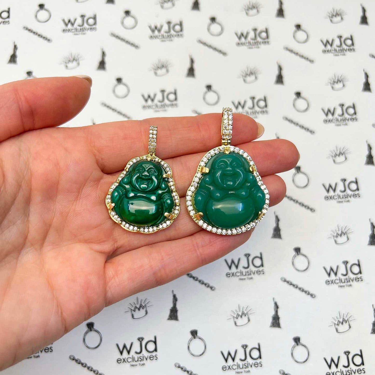14K Gold CZ Frame Green Jade Fat Buddha Charm Pendant 1.5"-1.8"