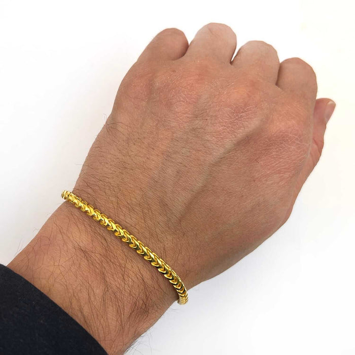 18K Yellow Gold Over Sterling Silver 3.7mm Franco Bracelet (Solid Links) 8" - 9" - WJD Exclusives