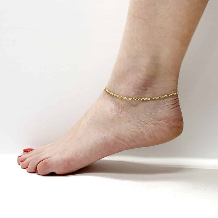 10K Yellow Gold 1.3mm-2mm Diamond-Cut Rope Anklet (Solid Links) 10"