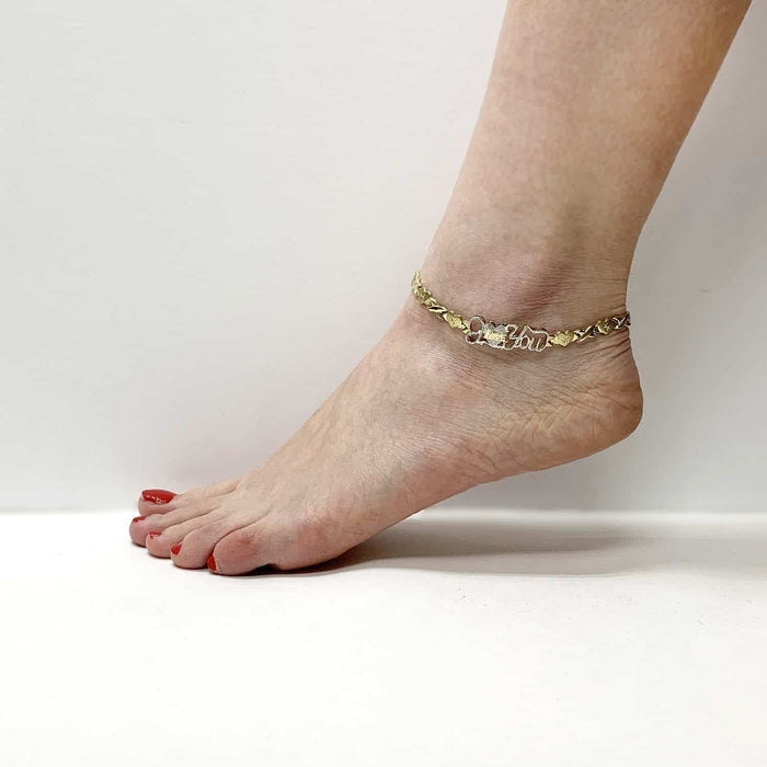 10K Two-Tone Gold Heart & Kisses "I Love You" XO Ankle Bracelet (Hollow) 10"