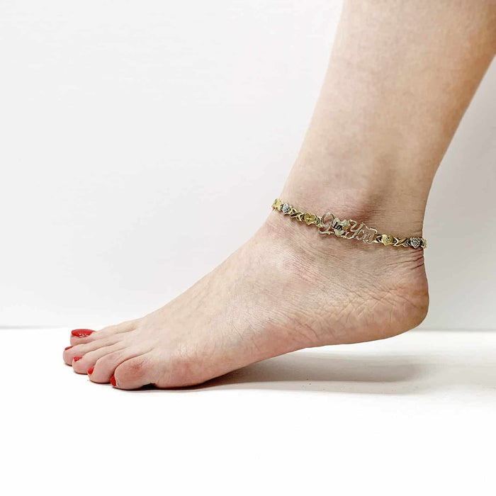 10K Two-Tone Gold Heart & Kisses "I Love You" XO Ankle Bracelet (Hollow) 10"