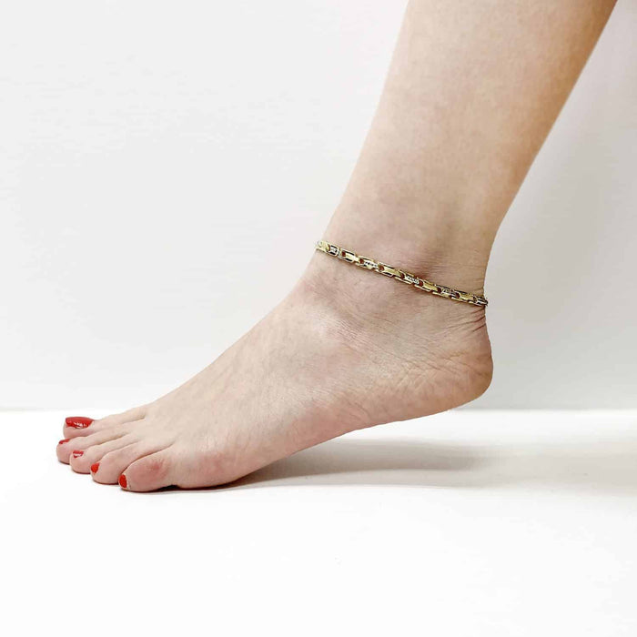 10K Two-Tone Gold Diamond-Cut Fancy Stampato Anklet (Hollow) 10"