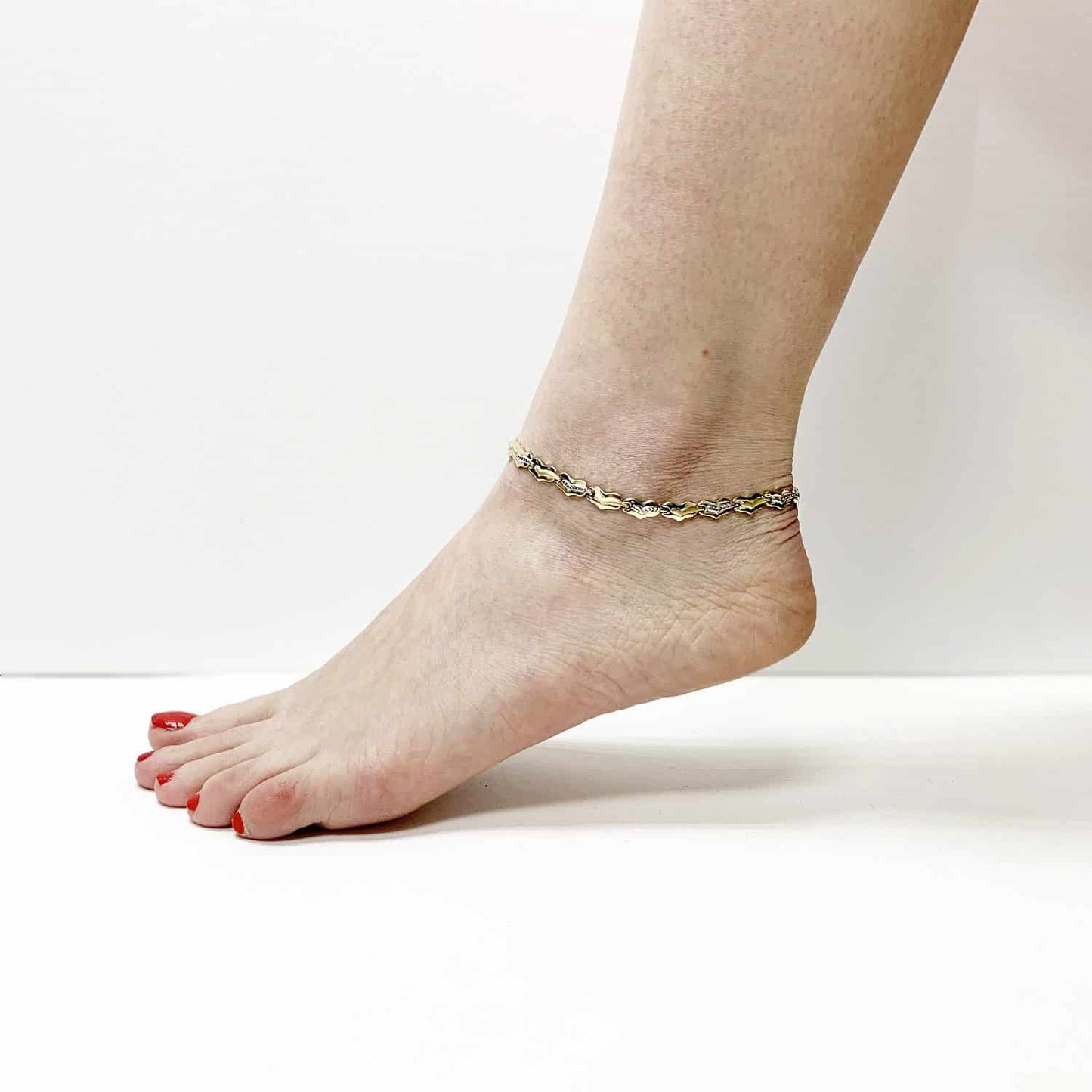 10K Gold Two-Tone Diamond Cut Fancy Heart Stampato Anklet Bracelet 10"