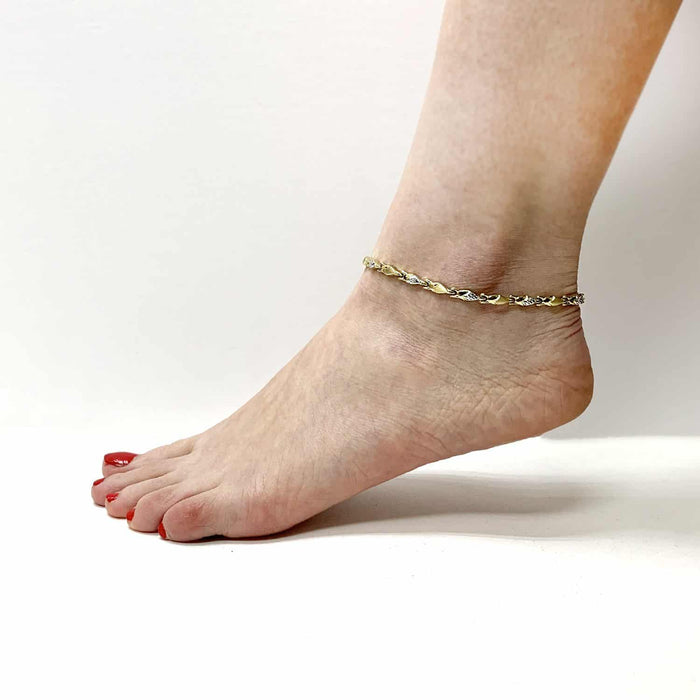 10K Two-Tone Gold 4.5mm Stampato Ankle Bracelet (Hollow) 10"