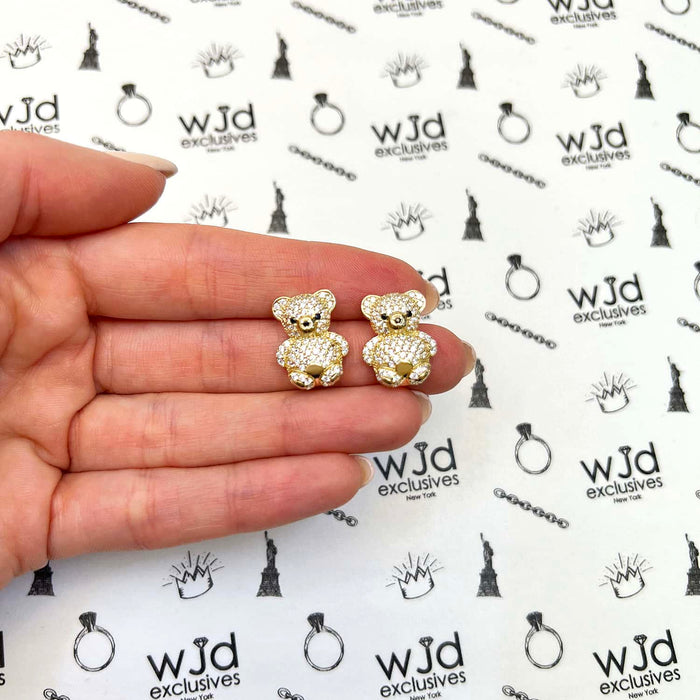 2.70CTW CZ 14K Yellow Gold Pave Puffed Teddy Bear Earrings 17mm - WJD Exclusives