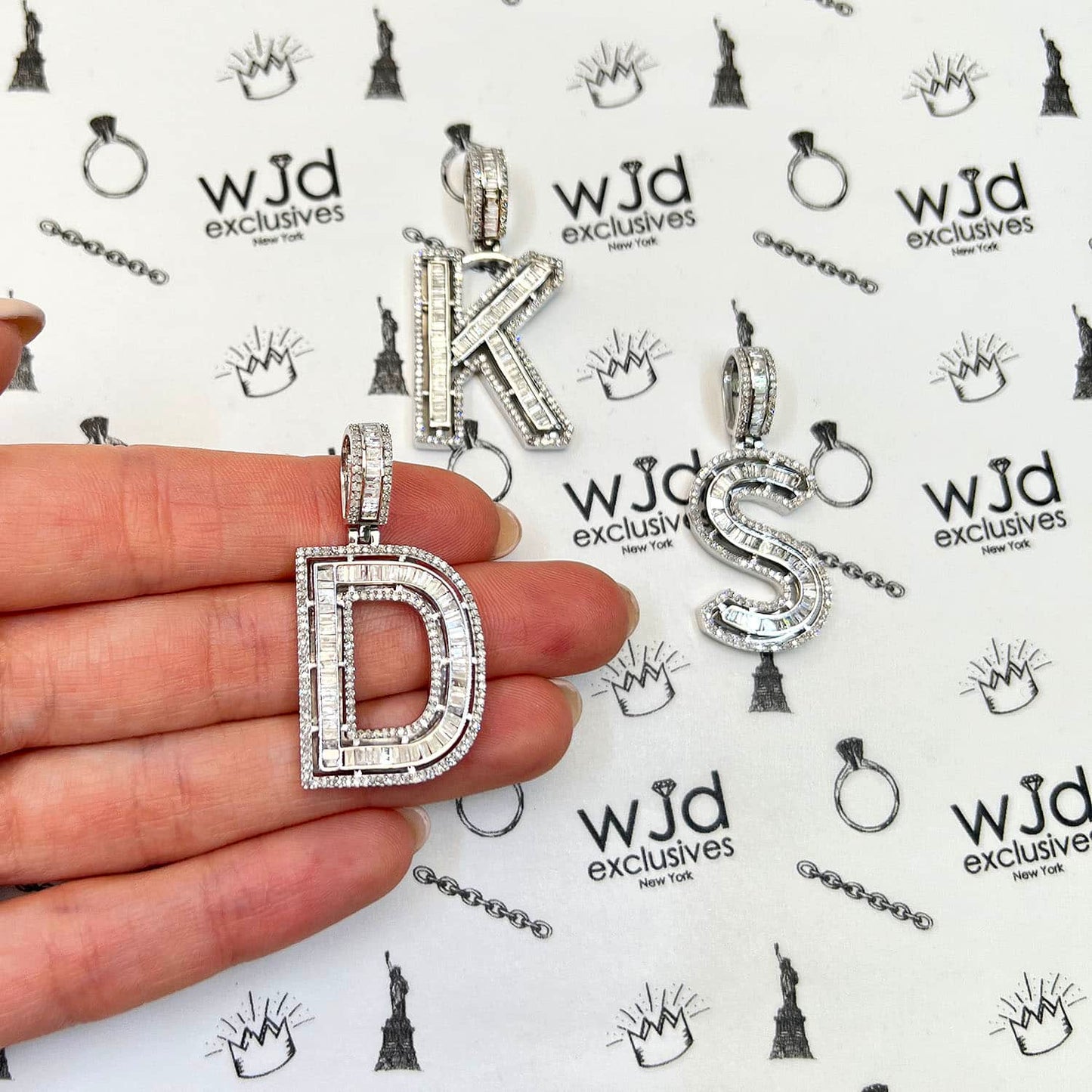 1.1CTW Real Diamond Baguette 14K White Gold Initial Letter Pendant 1.5"