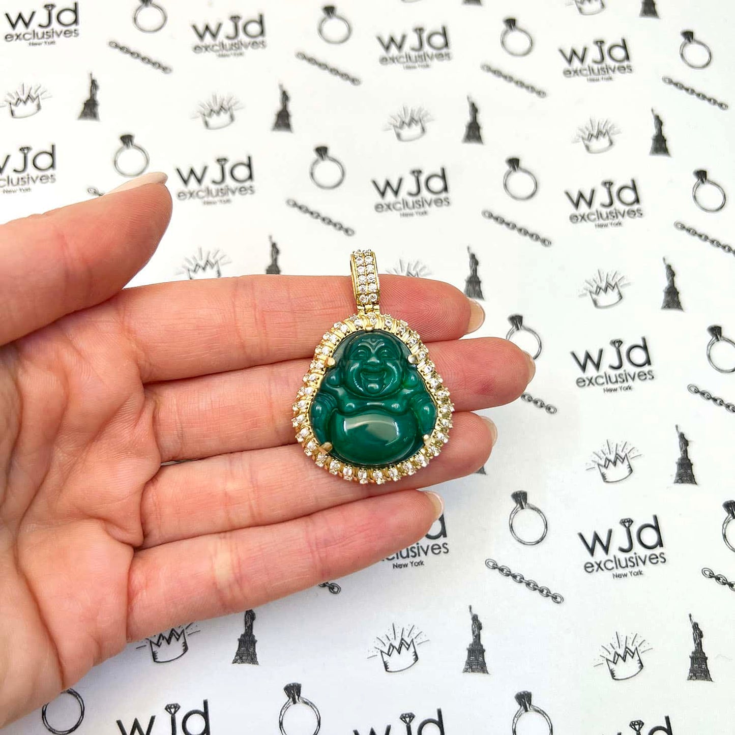 14K Yellow Gold CZ Frame Green Jade Buddha Charm Pendant 1.6"
