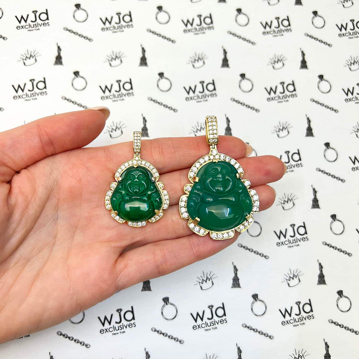 14K Yellow Gold CZ Frame Green Jade Buddha Charm Pendant 1.7-2.2"