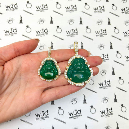 14K Yellow Gold CZ Frame Green Jade Buddha Charm Pendant 1.7-2.2"
