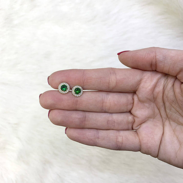 1CTW CZ Emerald 14K Gold Round Halo Stud Earrings