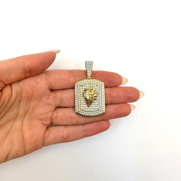 10K Yellow Gold CZ Pave Rectangular Lion Face Pendant 1.8" - WJD Exclusives