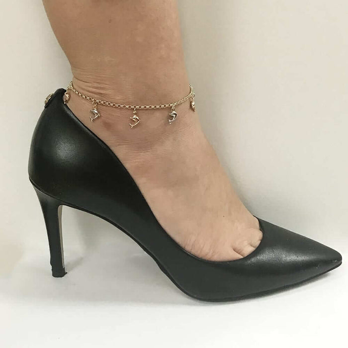 10K Yellow Gold Rolo Tri-Color Dolphin Charm Anklet 9"-10" Adjustable