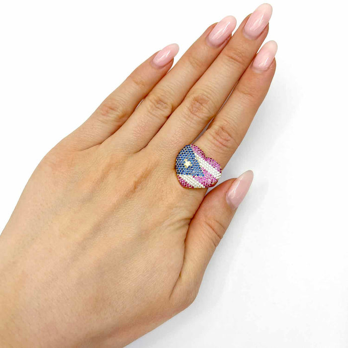 14K Yellow Gold CZ Gemstone Heart Puerto Rico Flag Ring - WJD Exclusives