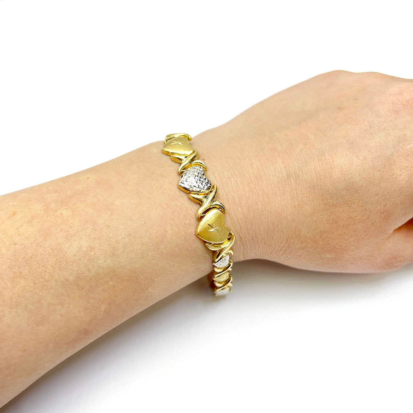 14K Gold Yellow White Accents Graduated Heart Kisses Stampato XO Bracelet 7.75"