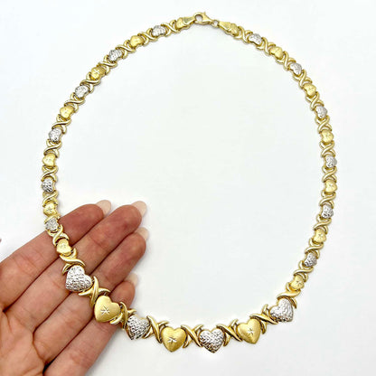 14K Yellow Gold Graduated Heart & Kisses Stampato XO Necklace 18.5"