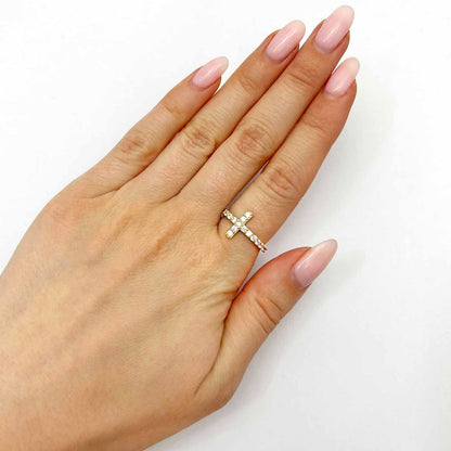 14K Gold Yellow CZ Sideways Cross Ring