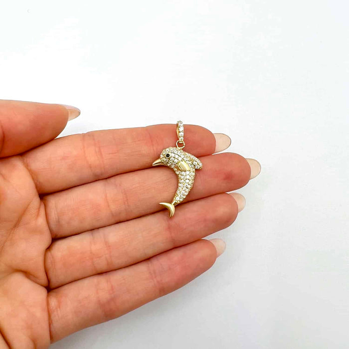 14K Yellow Gold CZ Pave Dolphin Pendant 1.2" - WJD Exclusives
