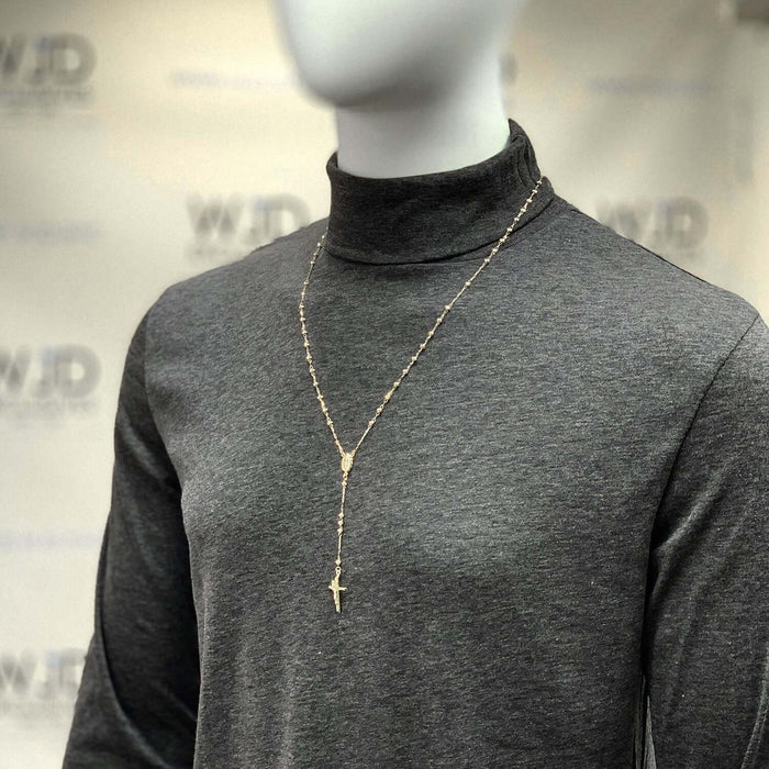 14K Yellow Gold 3mm Moon-Cut Rosary Cross Beaded Necklace (Hollow) 26"