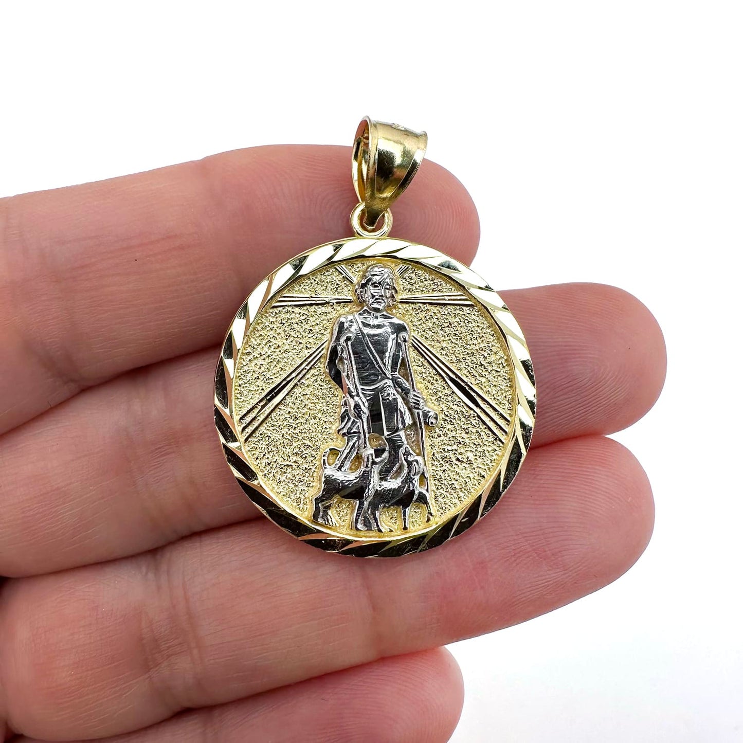10K Gold Two-Tone Yellow White Textured Saint Lazarus Pendant 1.4"