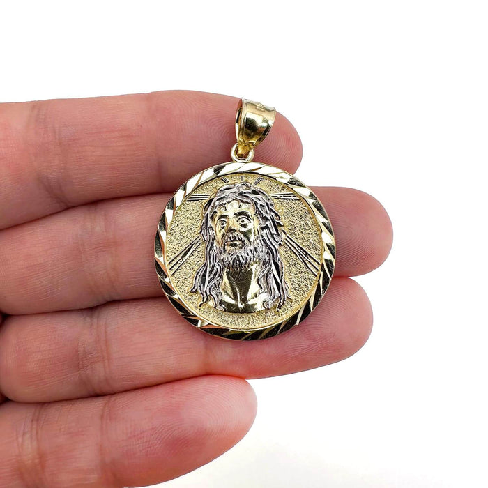 10K Gold Two - Tone Yellow White Textured Jesus Pendant 1.4" - WJD Exclusives