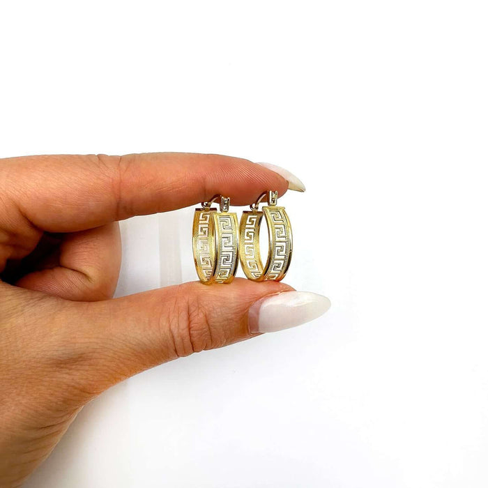 10K Yellow Gold All Around Greek Key Textured Hoop Earrings 20mm - WJD Exclusives