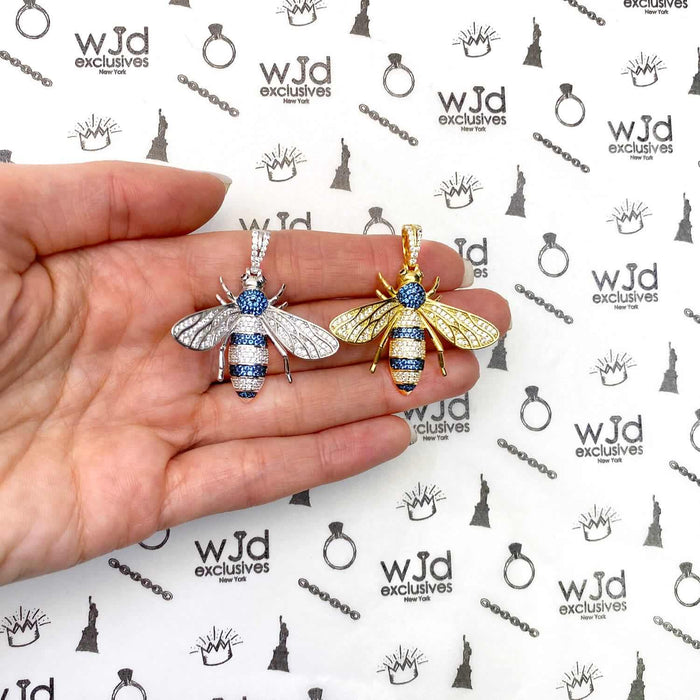 14K Yellow White Gold Over Silver Zirconia Blue Topaz Honey Bee 3D Pendant 1.6"