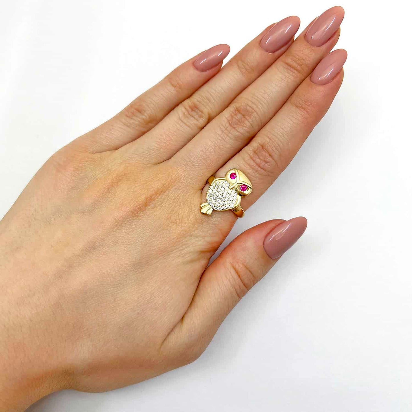 14K Gold Yellow CZ Pave Ruby Eyes Owl Ring