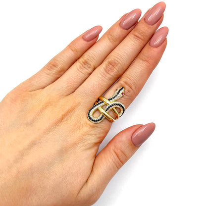 14K Gold Yellow CZ Pave Black Stripe Red Eyes Snake Ring