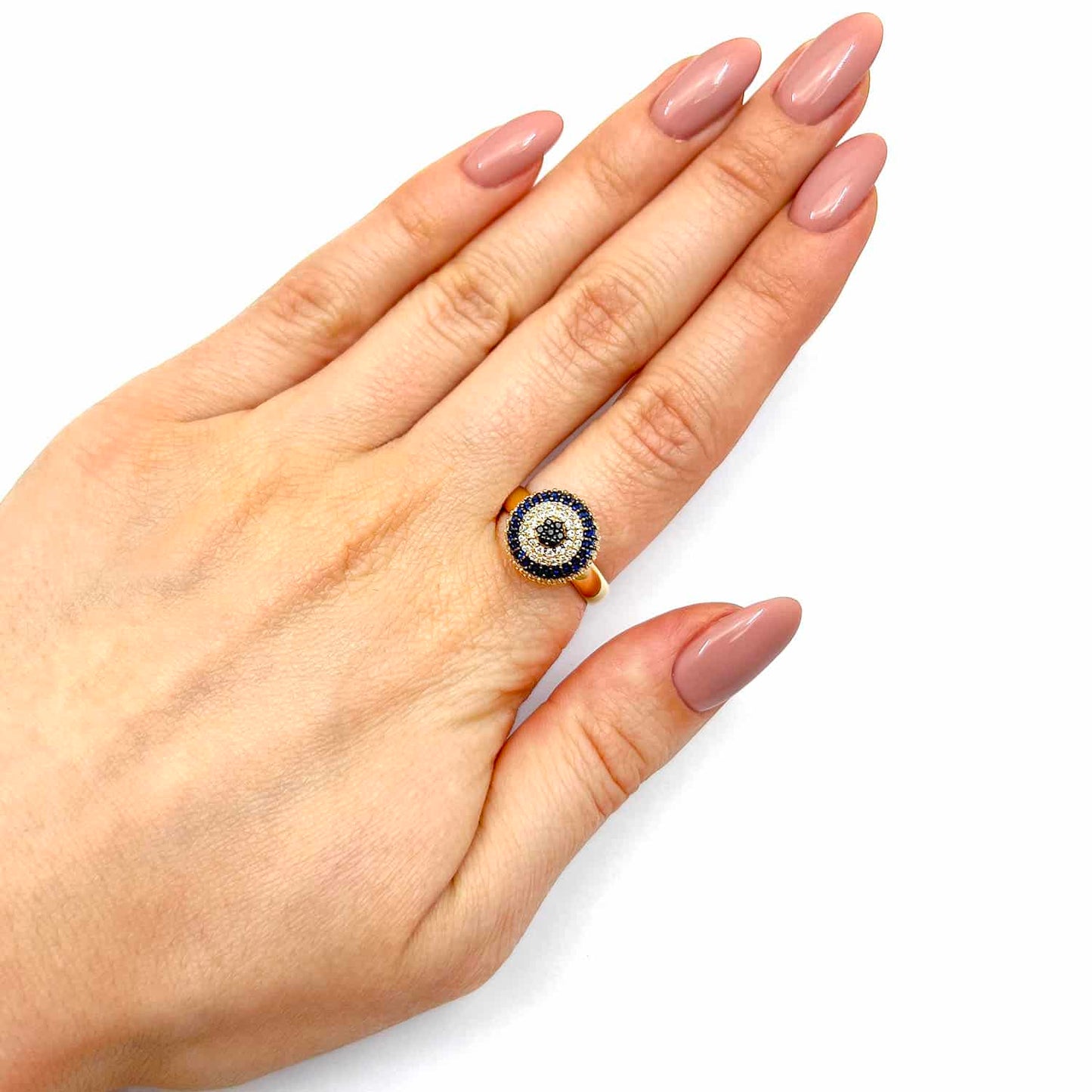 14K Gold Yellow CZ With Sapphire Evil Eye Cocktail Ring